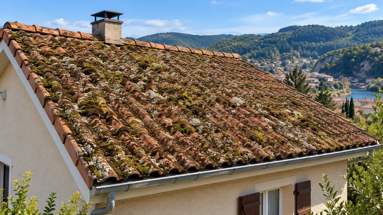 Toiture en tuiles couvertes de mousses et de lichens, avant démoussage